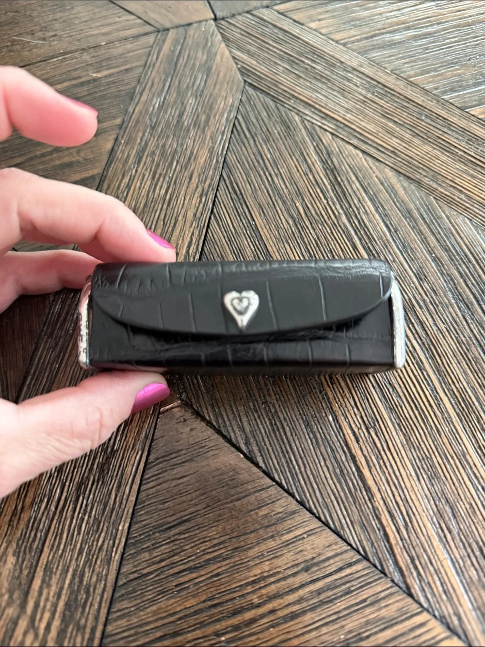 Brighton Black Croc Embossed Leather Lipstick Case Heart Snap Mirror Makeup Hold